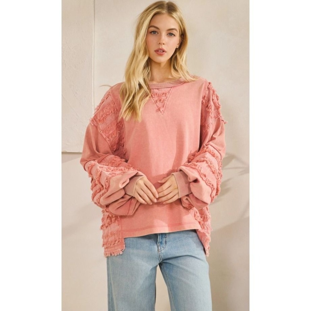 Sage & Fig The Fringe Bloom Pullover Mineral Wash Pink Medium Sweatshirt